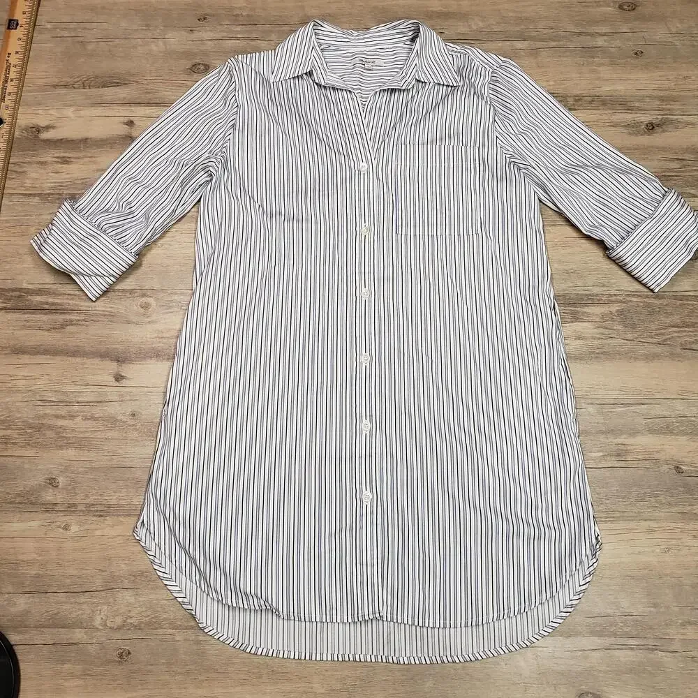 Madewell Dress Womens M White Striped Shirt Dress 3/4 Sleeve Button Up Collared
